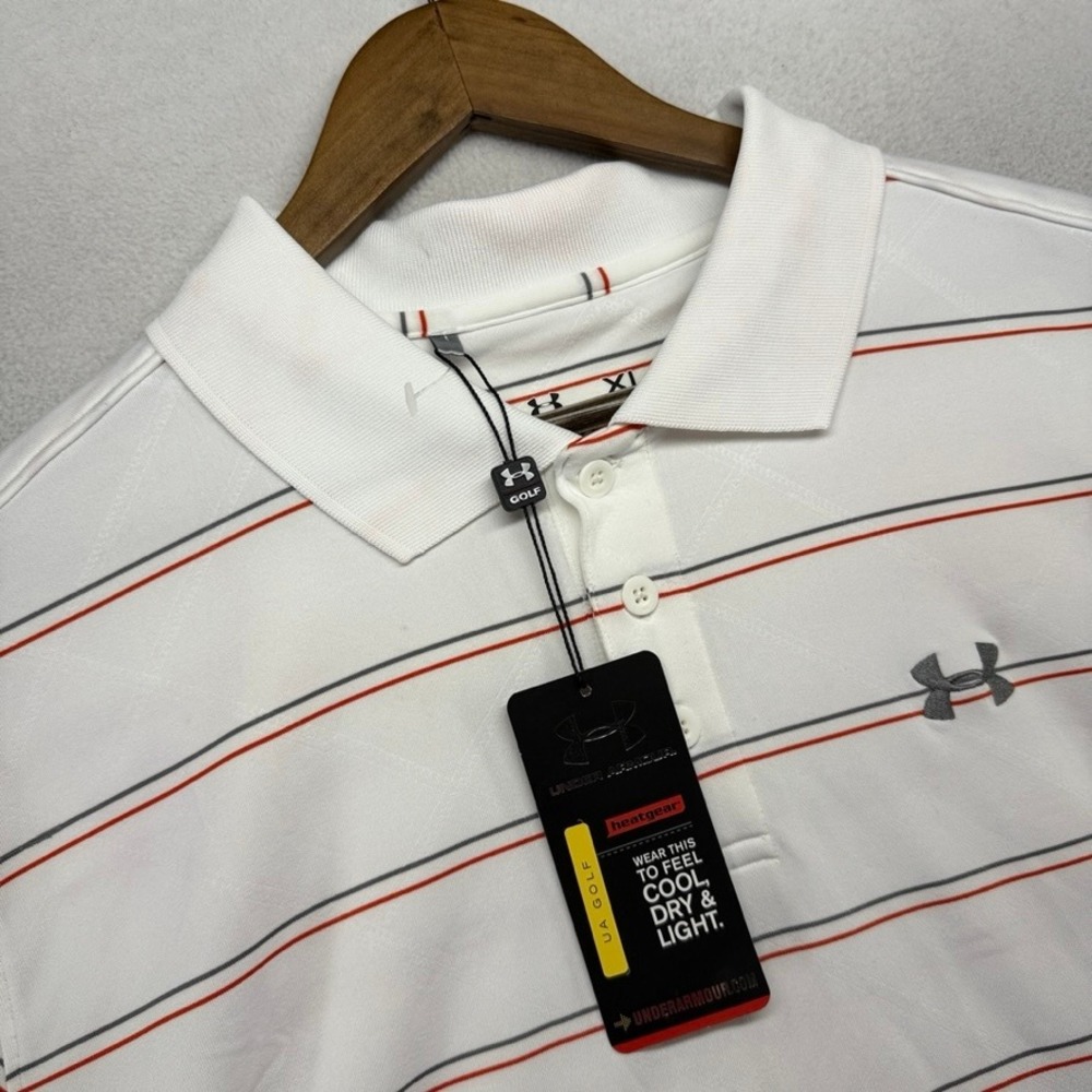 Under Armour Polo Mens XL White HeatGear Striped Jacquard Shirt Golf Tech NEW
